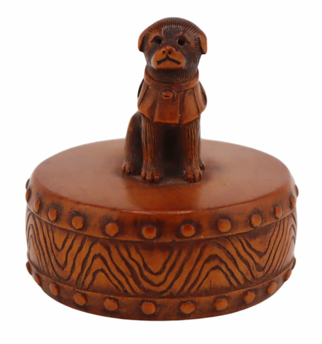 Carved Japanese Wooden Netsuke of a Dog