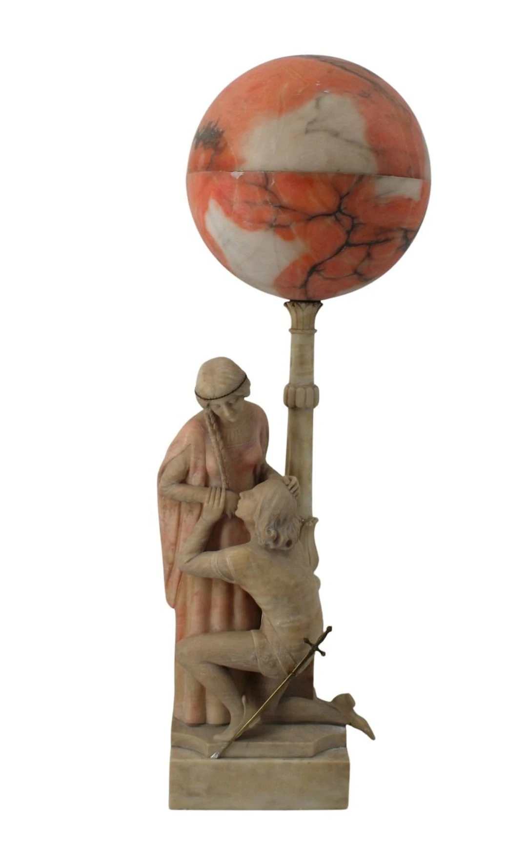 Large Antique Alabaster Figural Lamp on Pedestal.