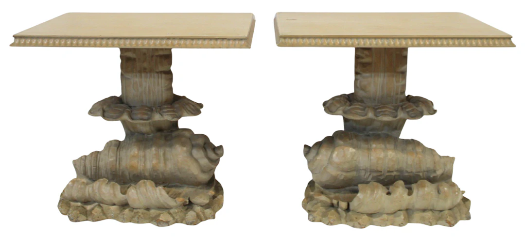 Midcentury Pair of Carved Wood Side Tables.