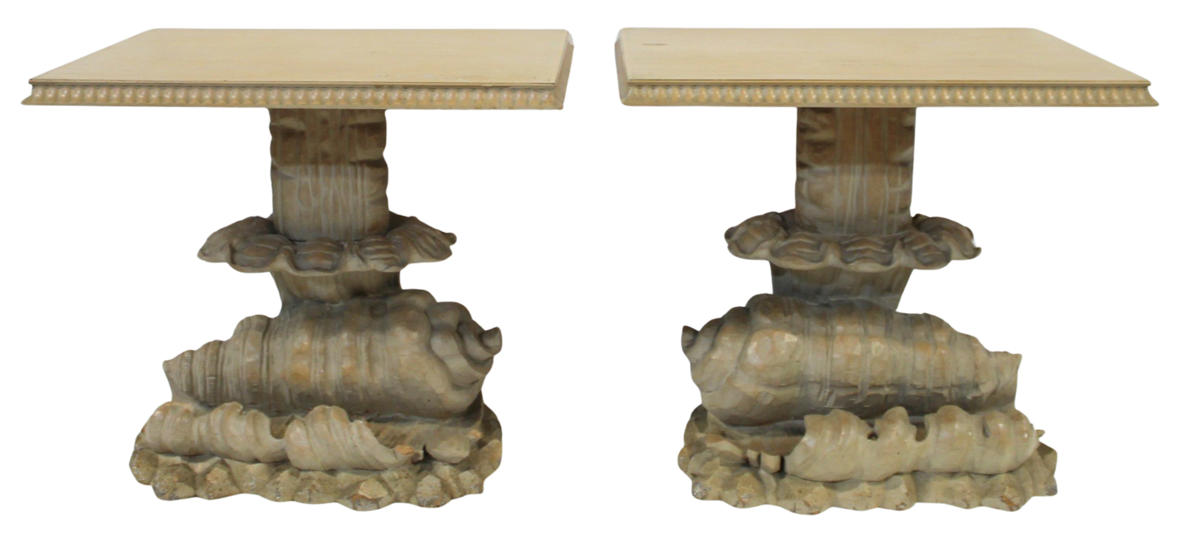 Midcentury Pair of Carved Wood Side Tables.