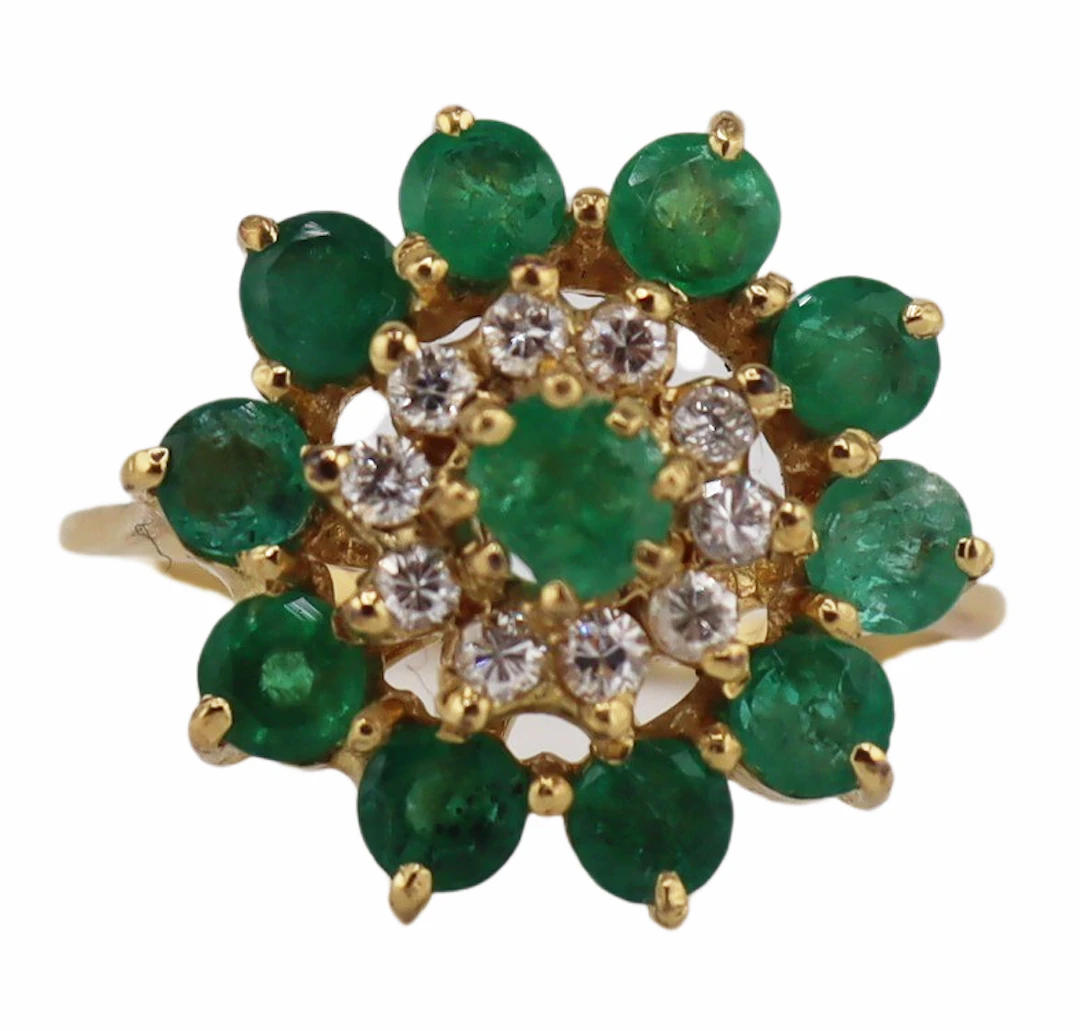 JEWELRY. 13kt Emerald and Diamond Floral Ring.