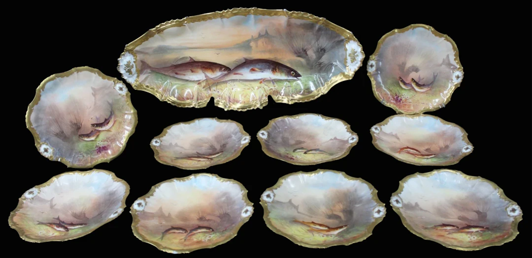 Limoges Fish Set Serving Platter & 9 Plates.