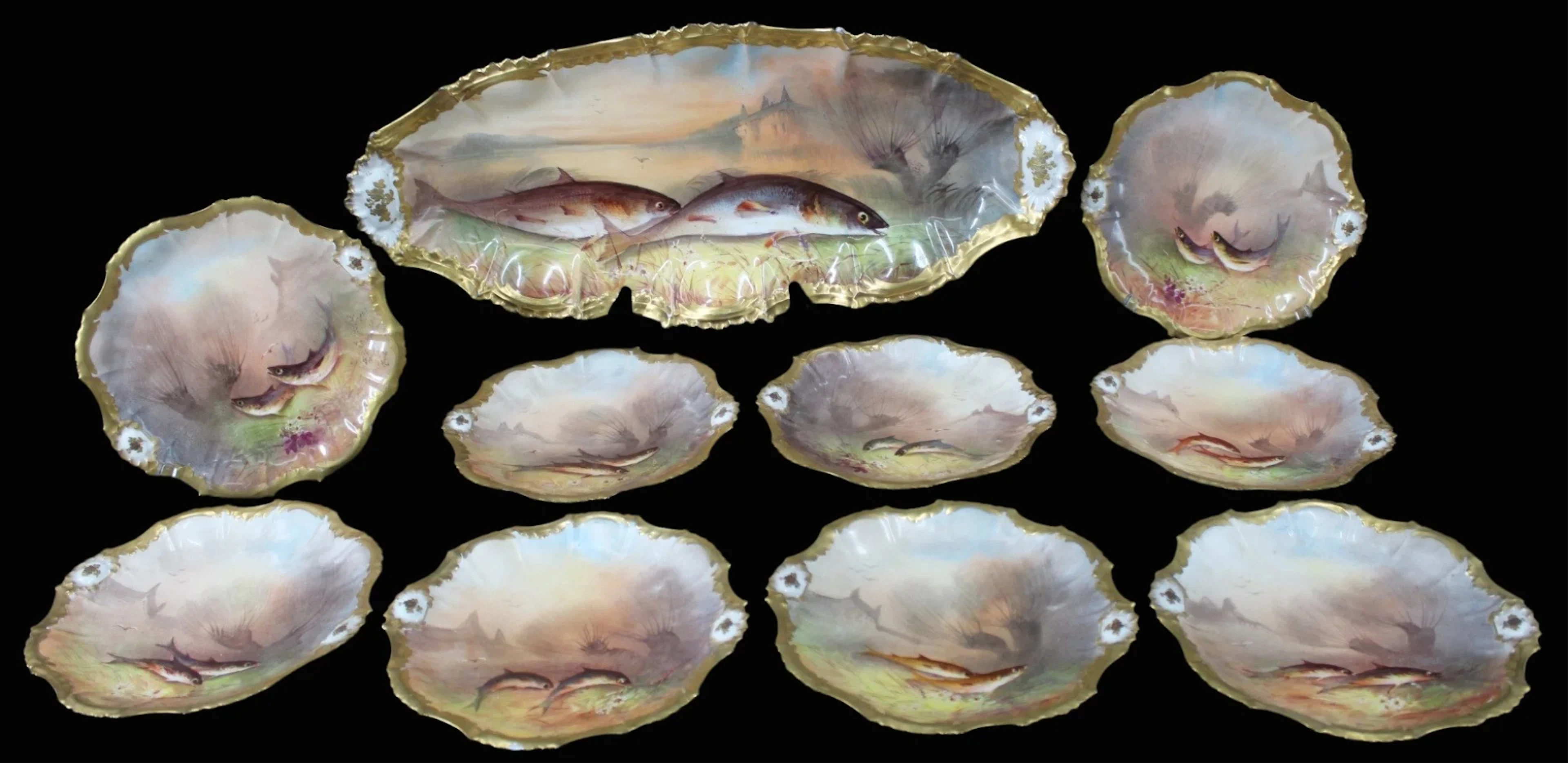 Limoges Fish Set Serving Platter & 9 Plates.