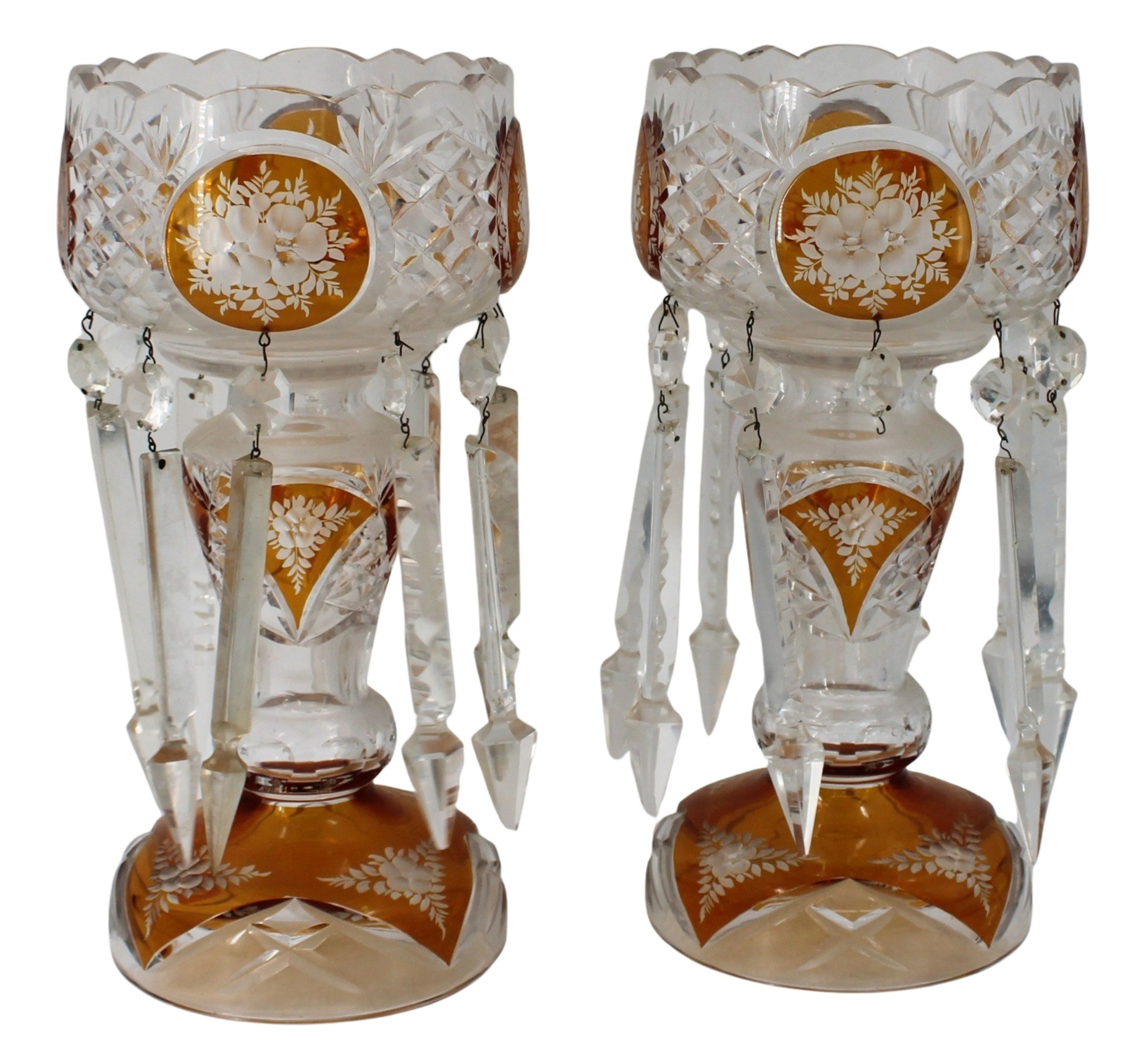 Pr of Antique Amber to Clear Cut Glass Lusters.