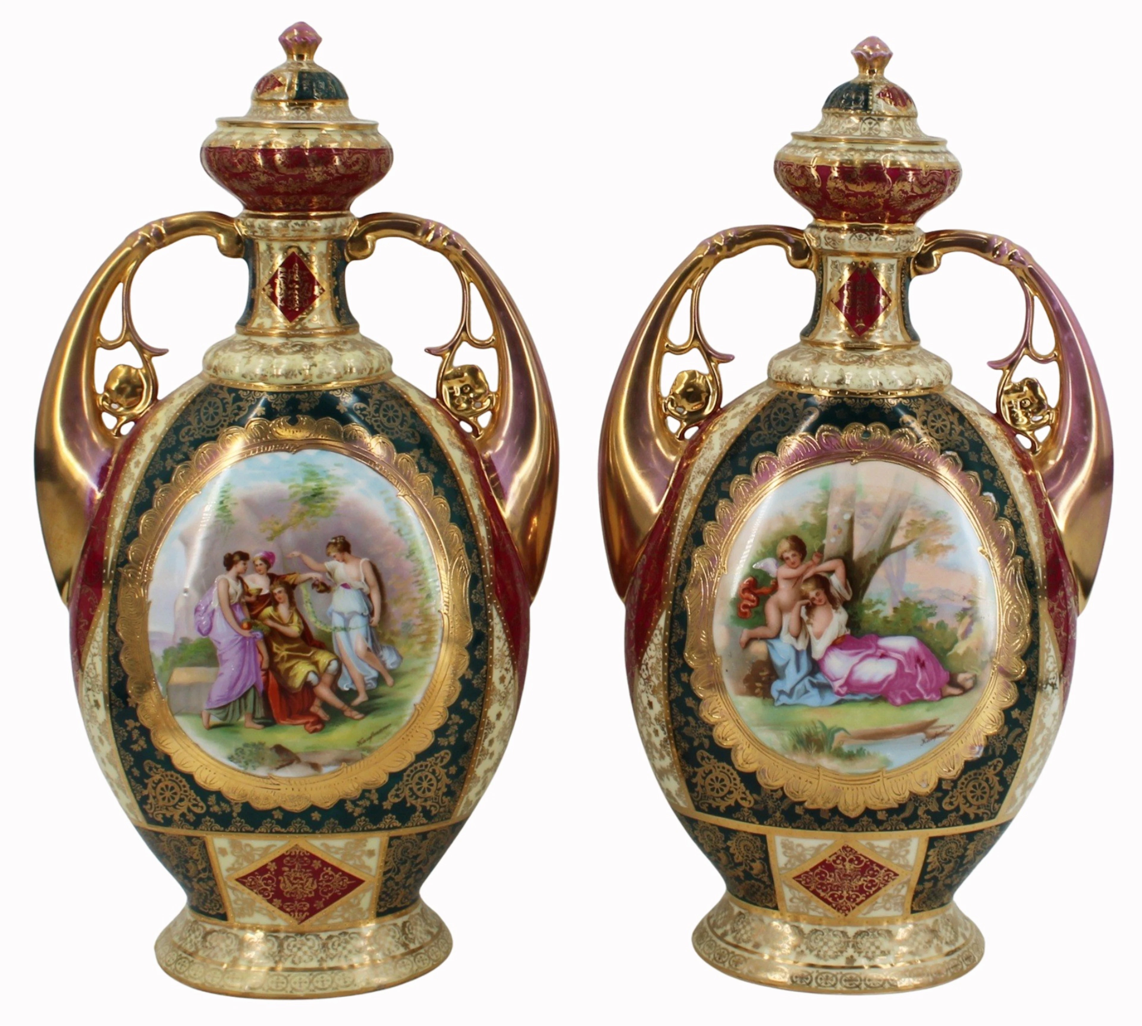 VIENNA Pair of Porcelain Lidded Urns.