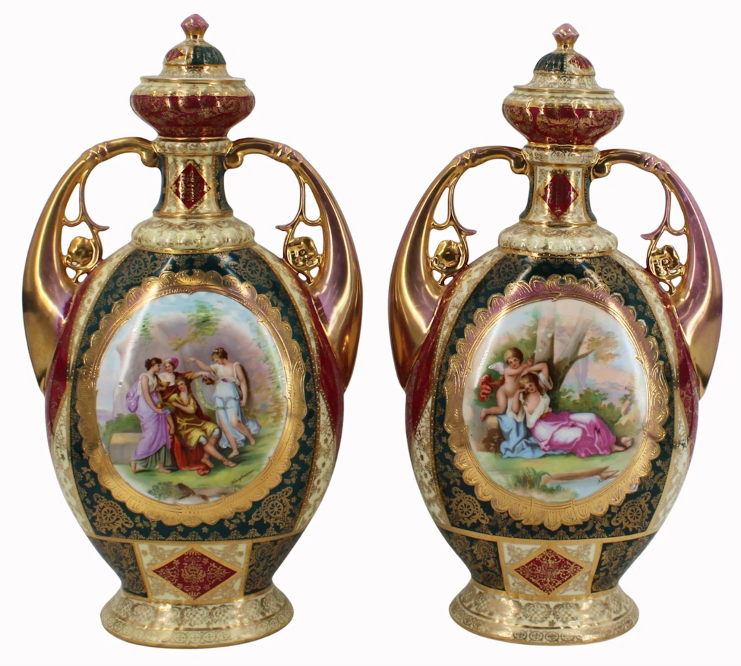 VIENNA Pair of Porcelain Lidded Urns.