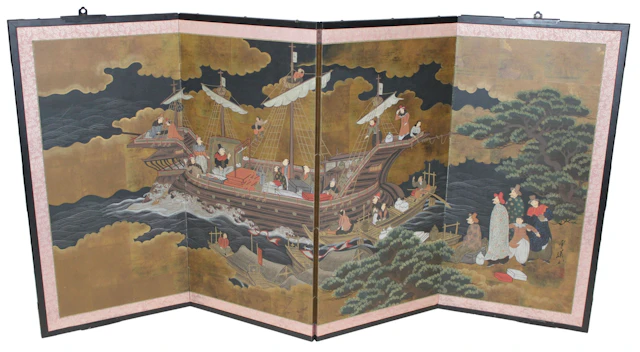 Signed Japanese 4-Panel Nanban Folding Screen.