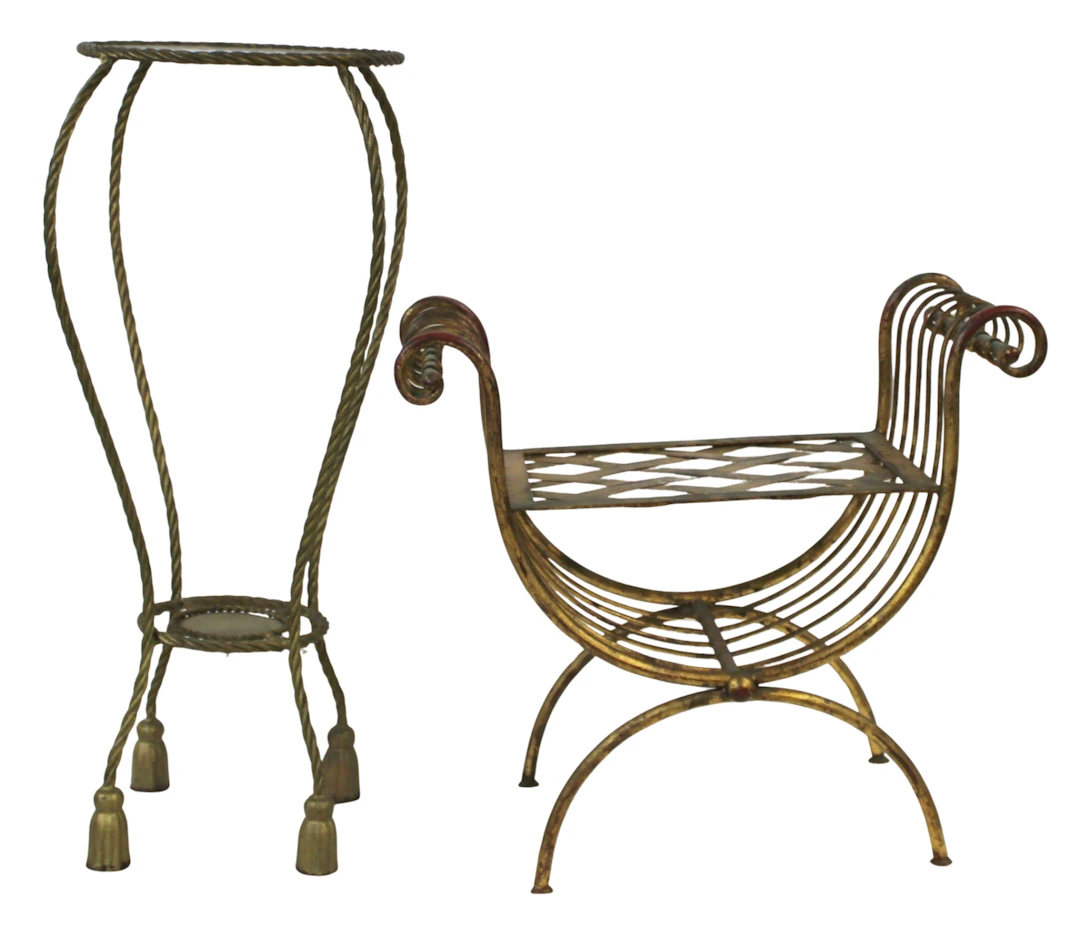 Midcentury Gilt Metal Plant Stand & Bench.