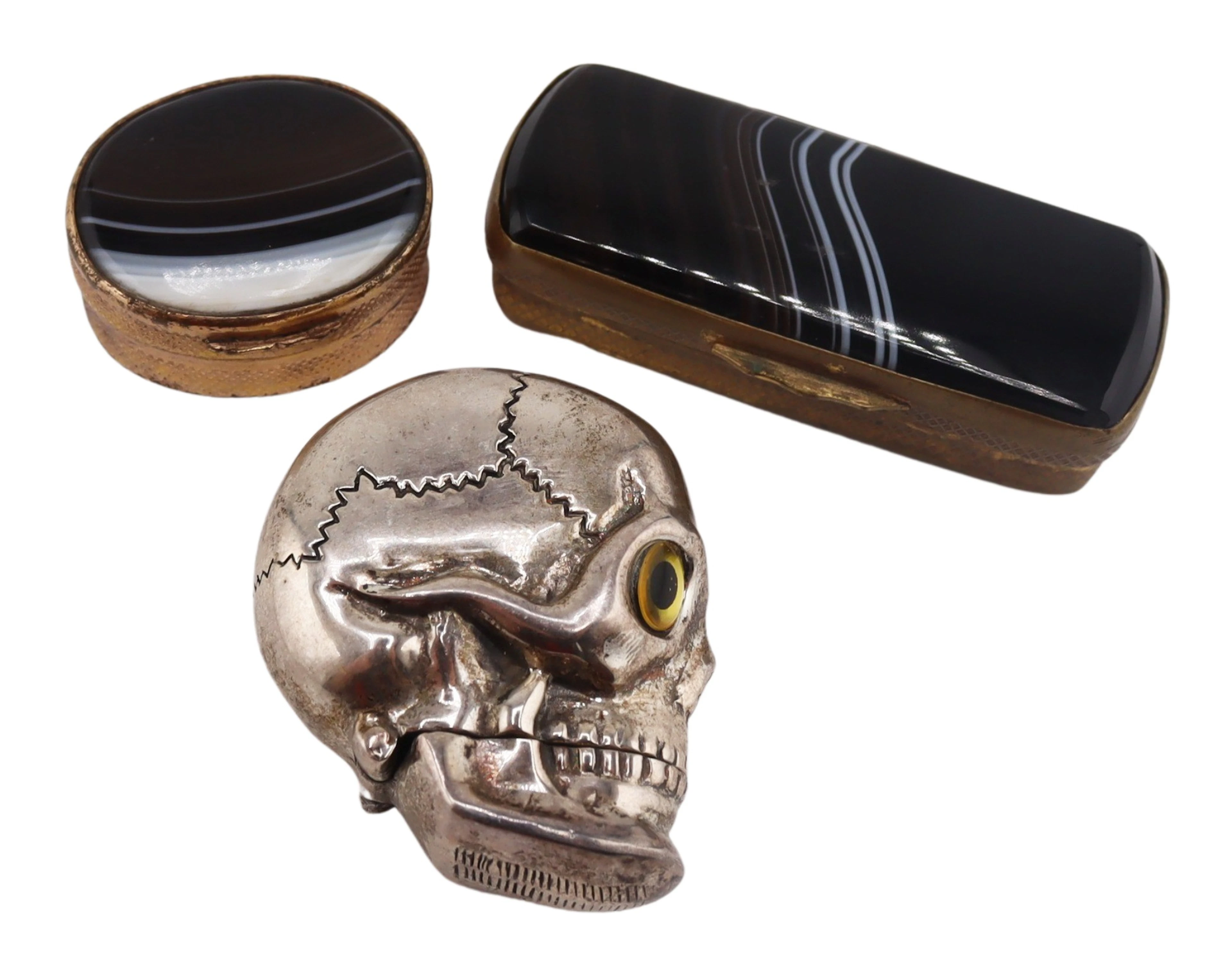 STERLING. Skull Vesta Case and (2) Agate Boxes.