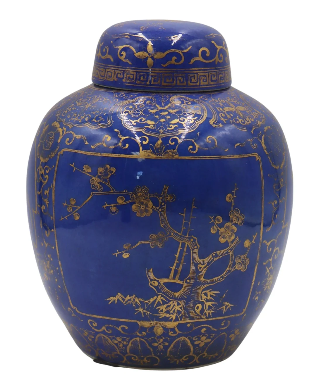Chinese Gilt Decorated Bleu Souffle Lidded Jar.