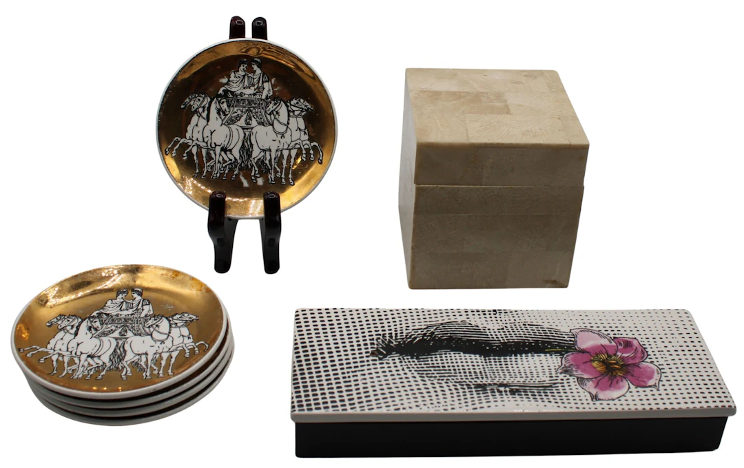 (6) Fornasetti Objects and (1) Maitland Smith Box.
