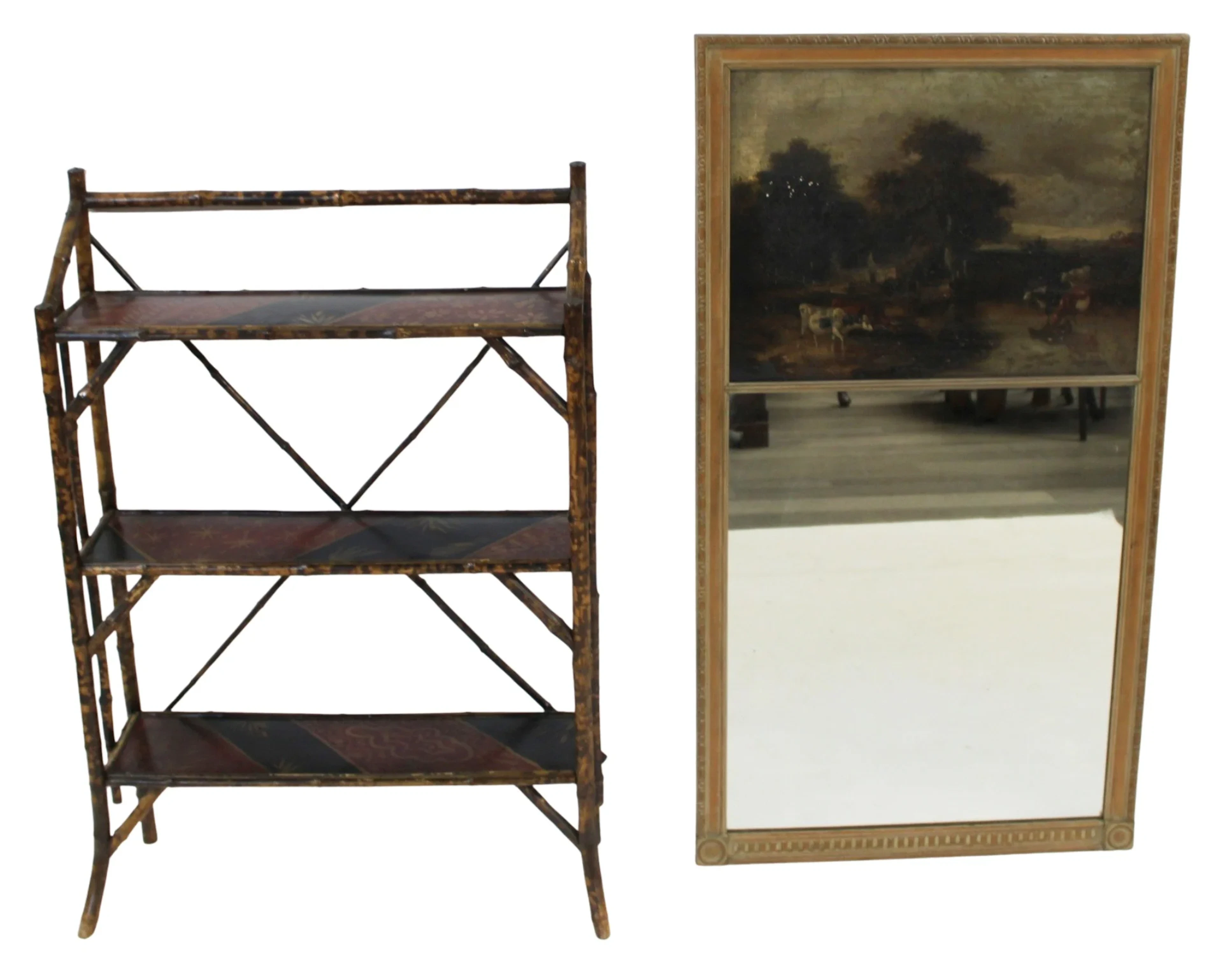 Antique Etagere Together with a Trumeau Mirror.