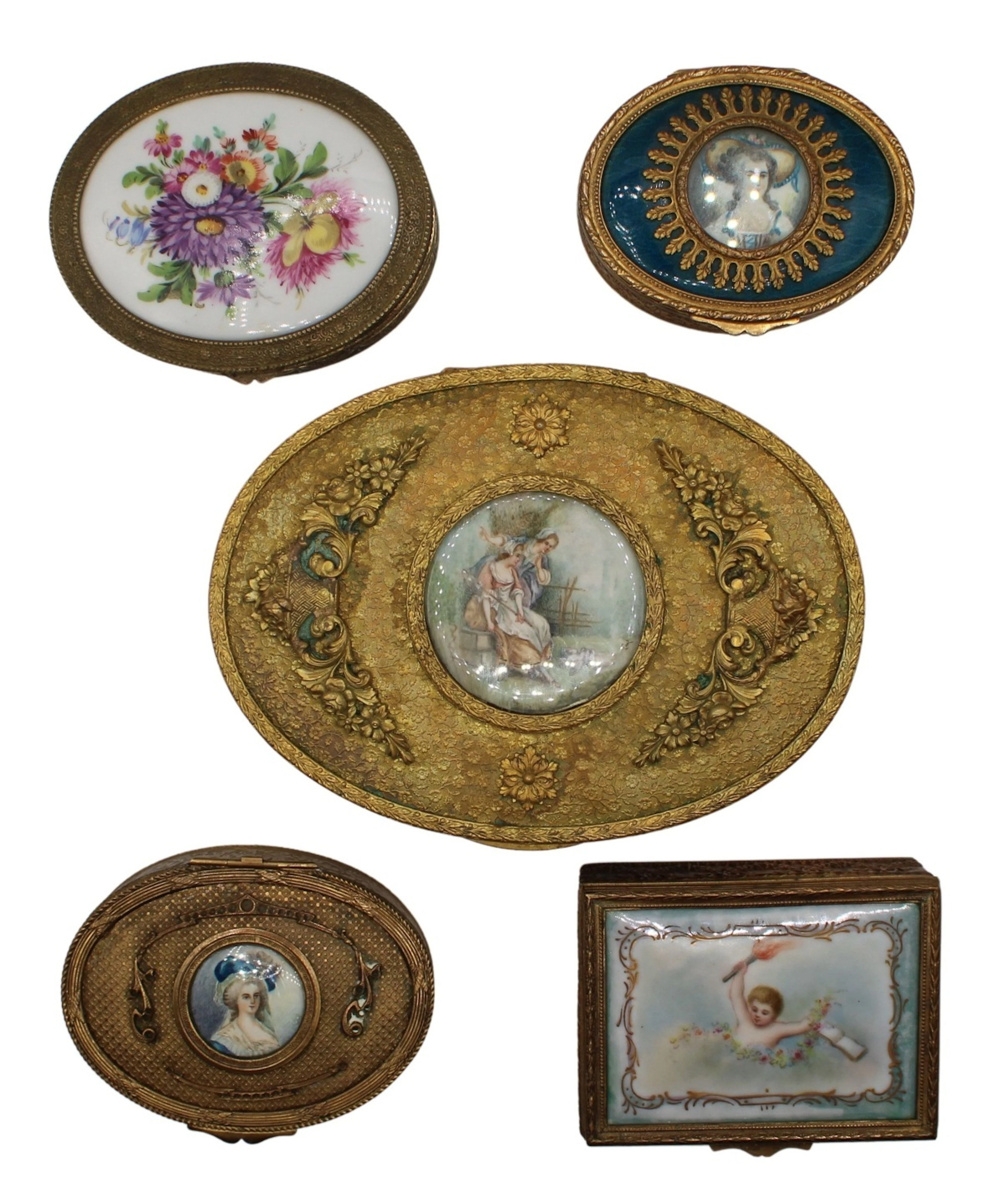 (5) Gilt Bronze Boxes with Painted Plaques.