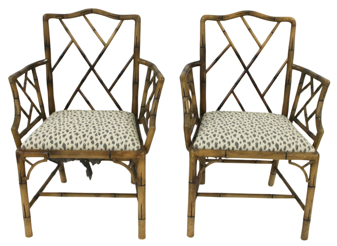 Midcentury Pair of Regency Style Bamboo Arm Chairs