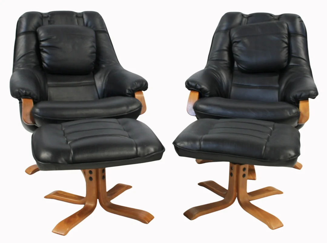 Vintage Pr of Swedish Leather Chairs & Ottomans.
