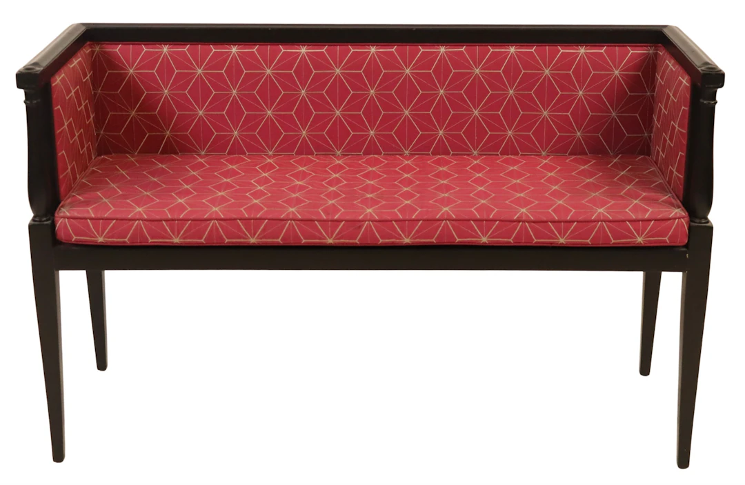 Ebonized Wood and Upholstered Bench.