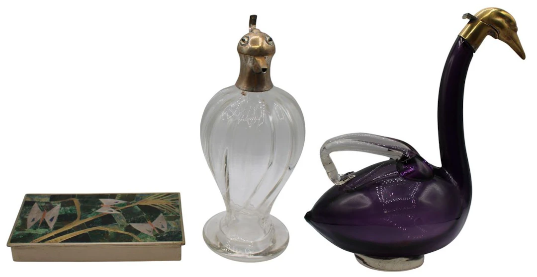 (2) Bird Form Vessels and Los Castillo Inlaid Box.