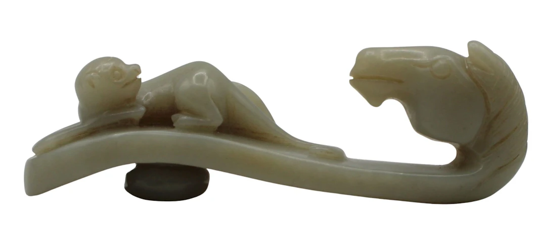 Chinese Jade Monkey and Horse Belt Hook Carving.