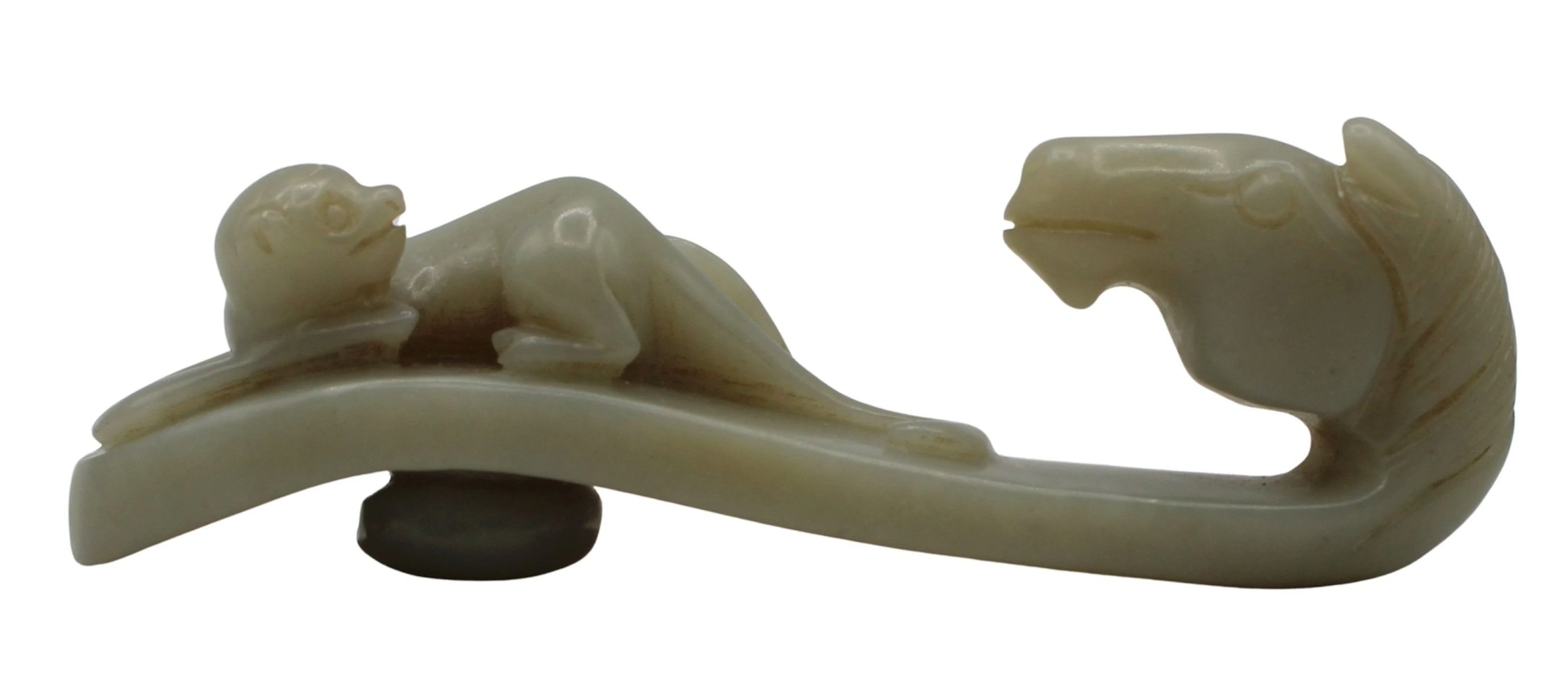 Chinese Jade Monkey and Horse Belt Hook Carving.