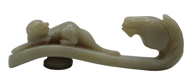 Chinese Jade Monkey and Horse Belt Hook Carving.
