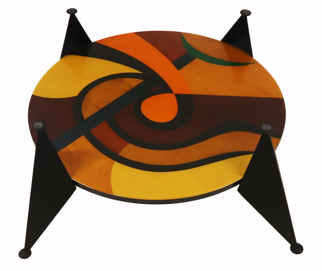 Modern Iron Table with Inlaid Wood Center.