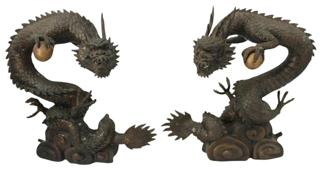 Pair of Japanese Meiji Bronze Dragon Fountains.