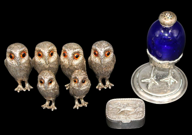 SILVER. Group of (4) William Comyns Owl Shakers