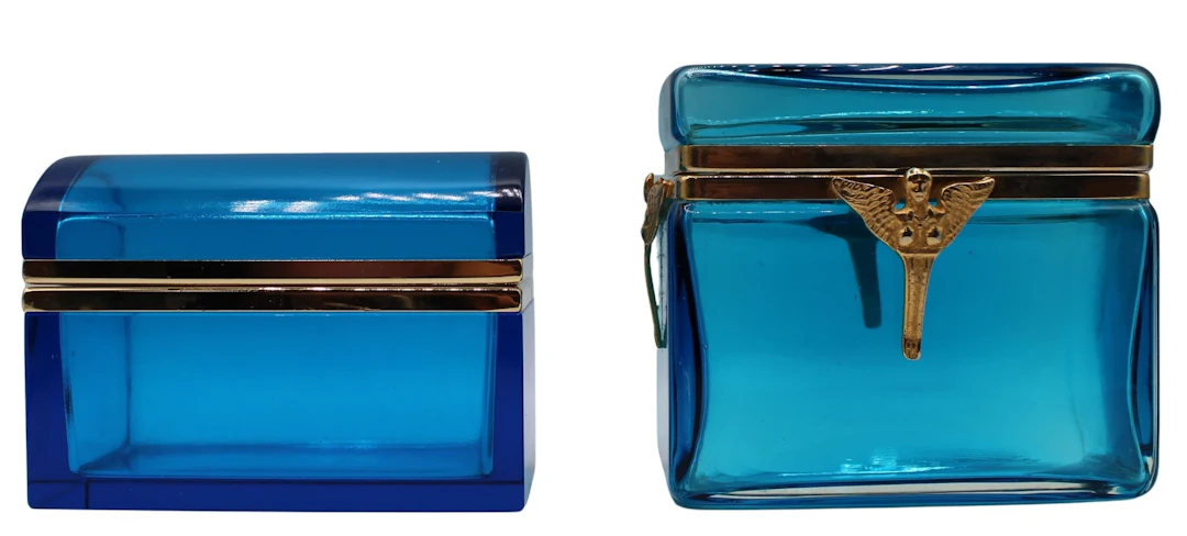 (2) Midcentury Blue Glass Boxes with Metal Mounts.