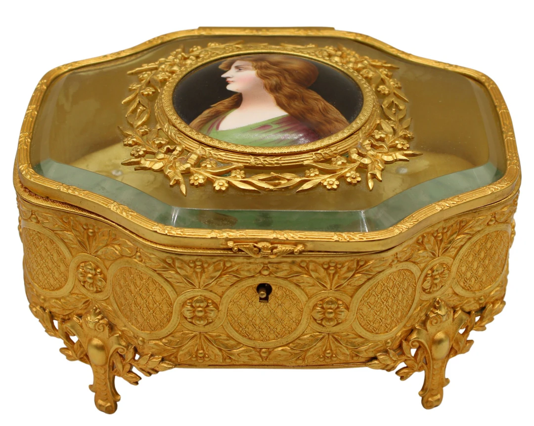 Antique Gilt Metal Casket Box with Beauty.