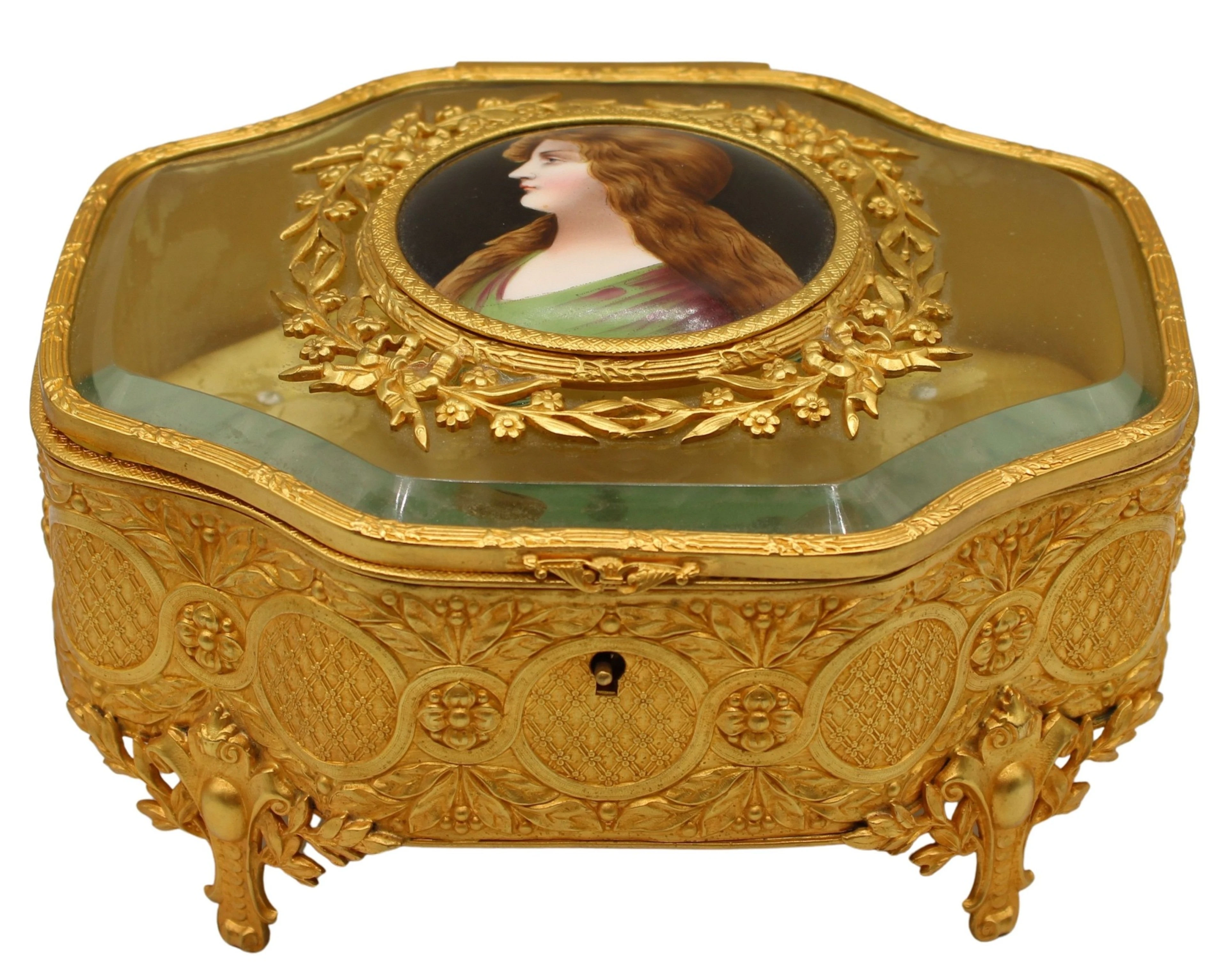 Antique Gilt Metal Casket Box with Beauty.