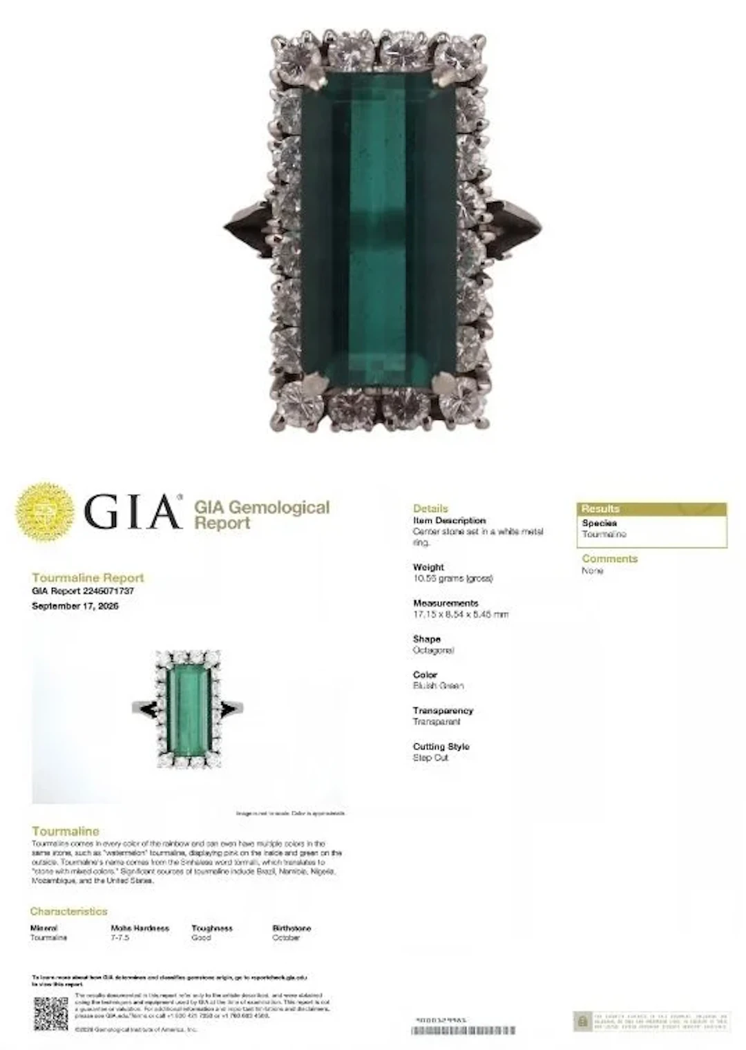 JEWELRY. Signed S+F 18kt GIA Tourmaline & Diamond