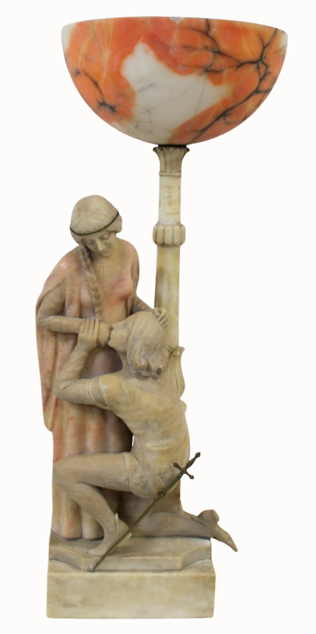 Large Antique Alabaster Figural Lamp on Pedestal.