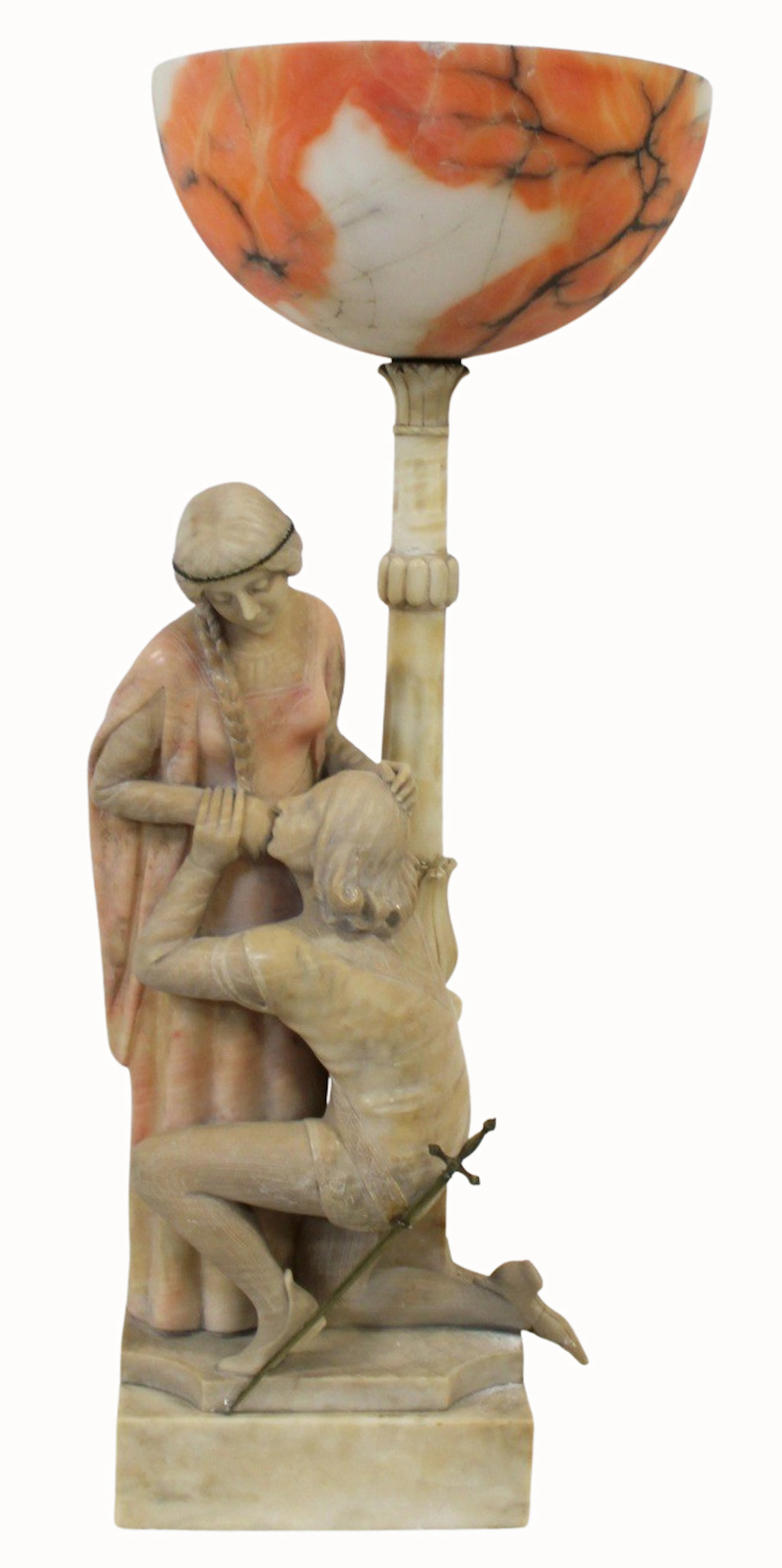 Large Antique Alabaster Figural Lamp on Pedestal.