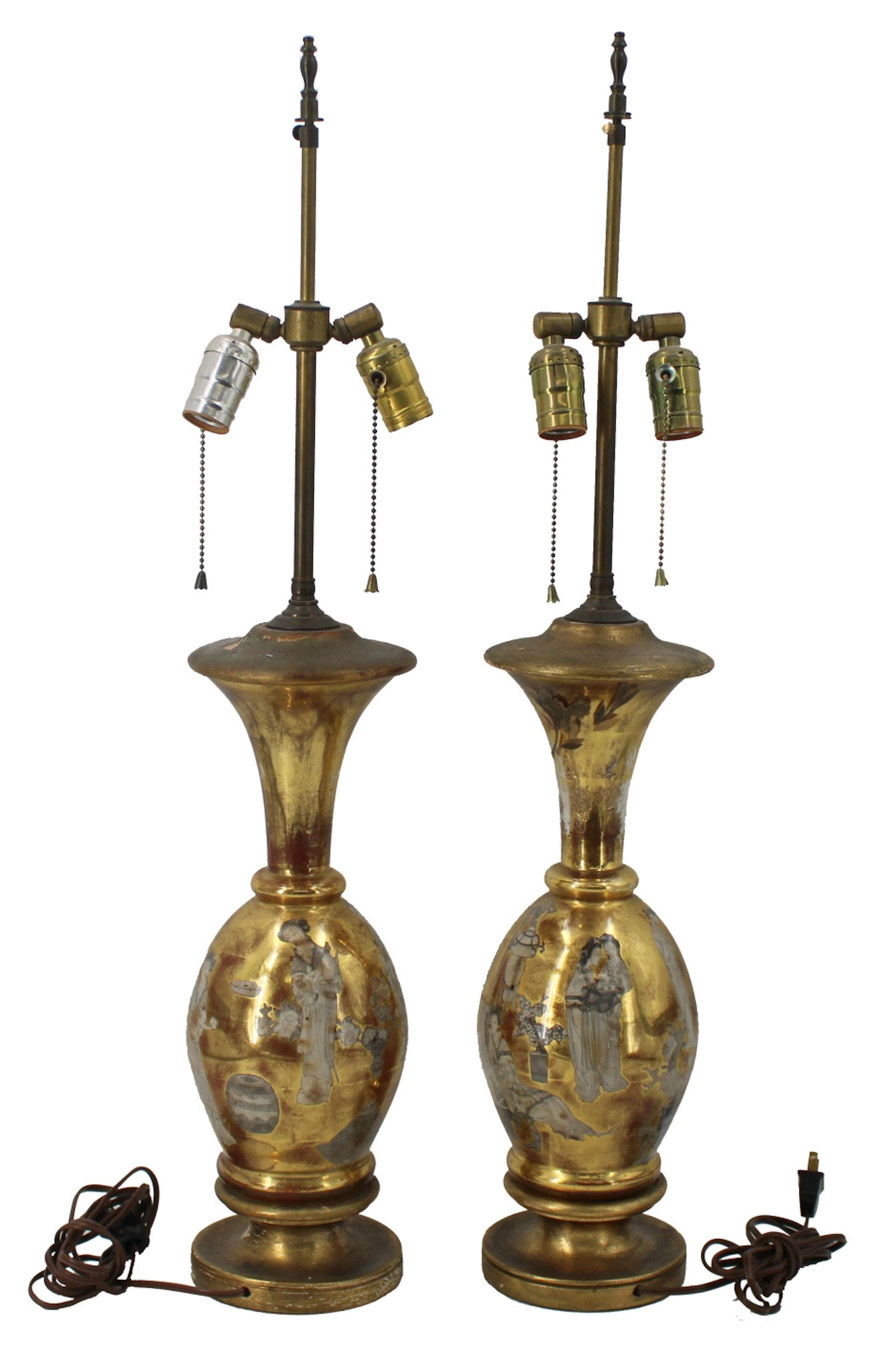 Vintage Near Pair of Chinese Grisaille Gilt Lamps