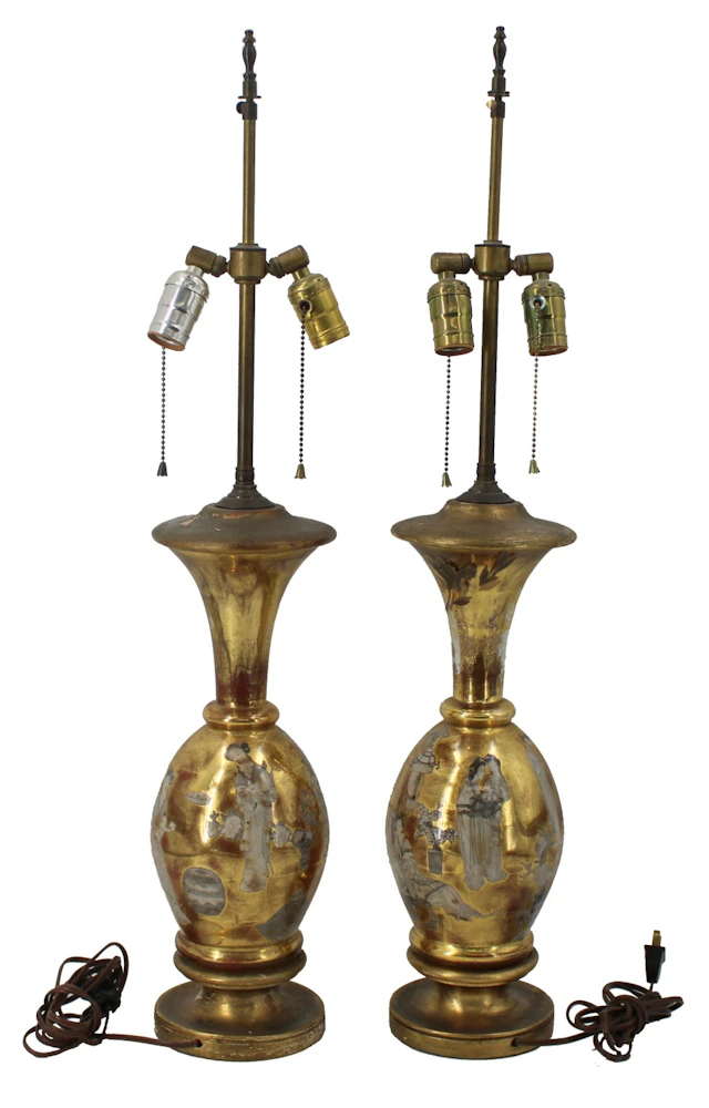 Vintage Near Pair of Chinese Grisaille Gilt Lamps