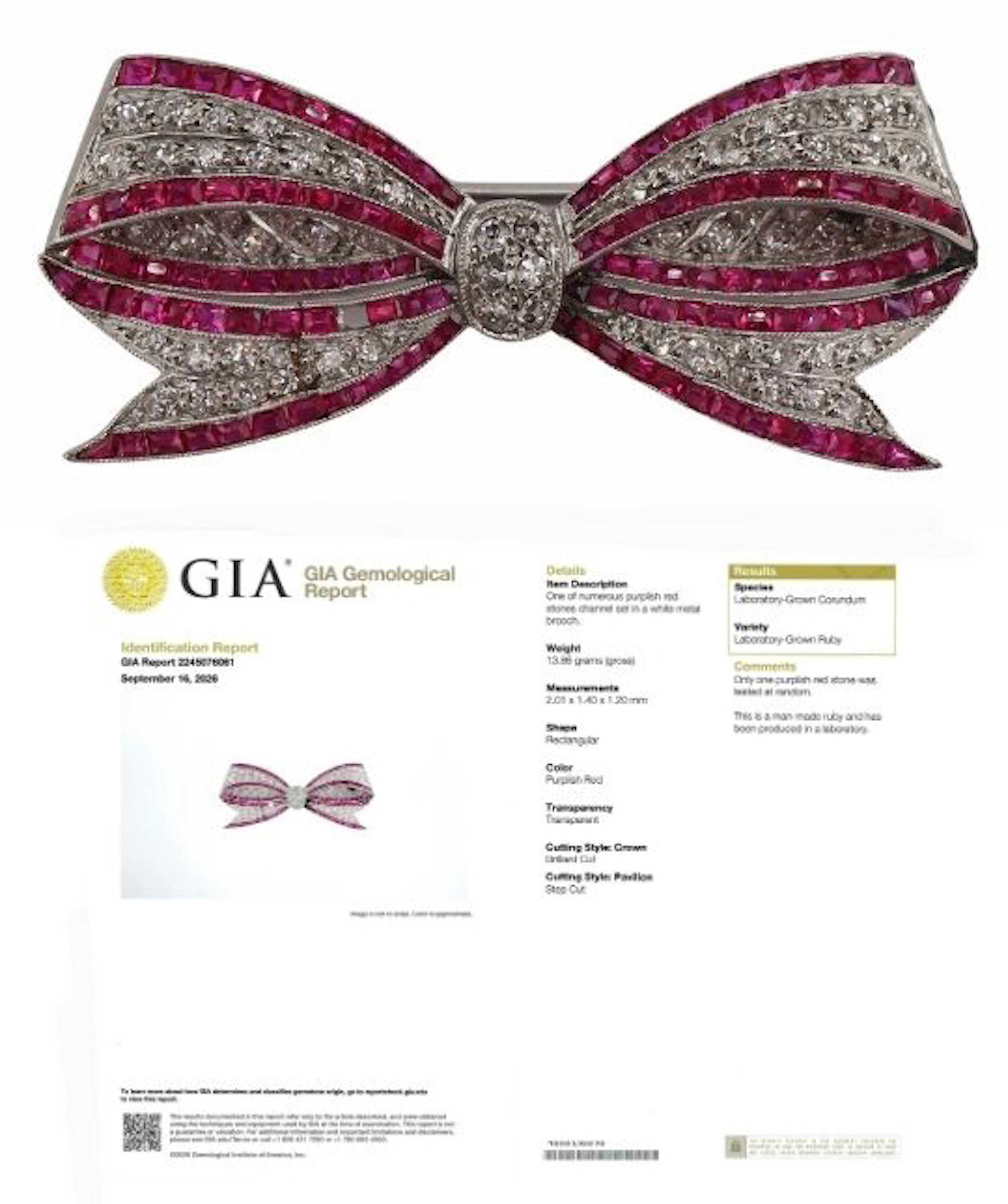 JEWELRY. Antique Platinum Ruby and Diamond Bow