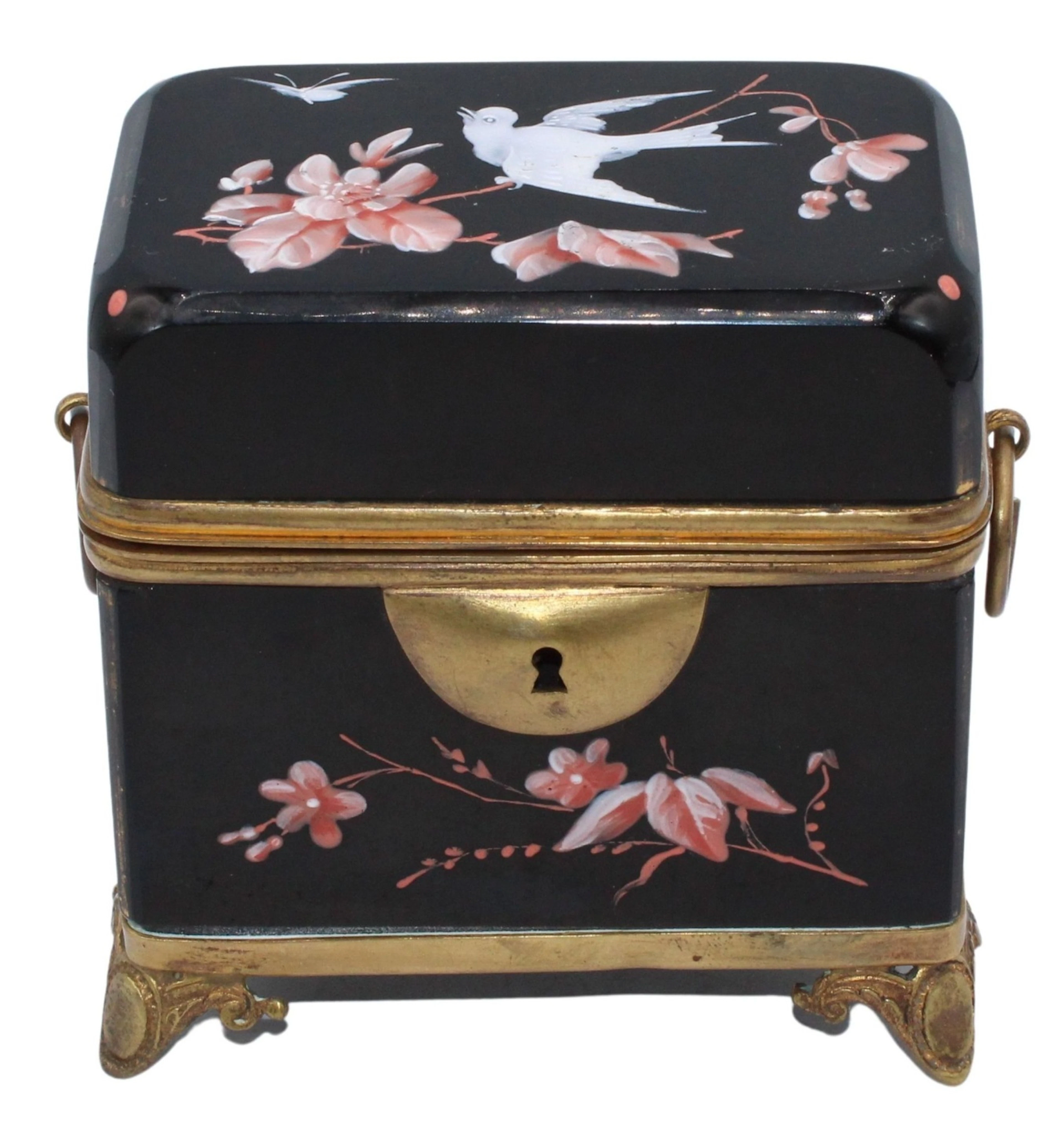 19th C Black Opaline Glass Box with Birds and