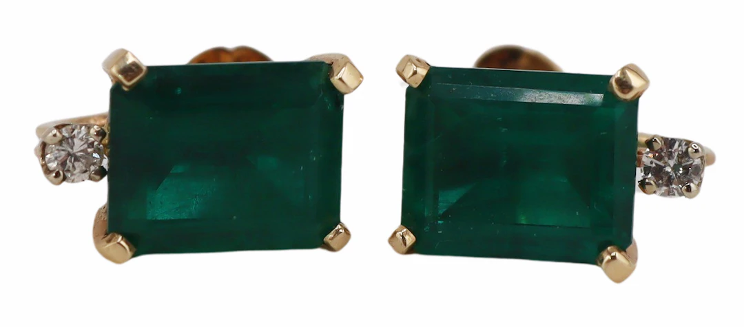 JEWELRY. 14kt Gold Green Gem and Diamond Ear