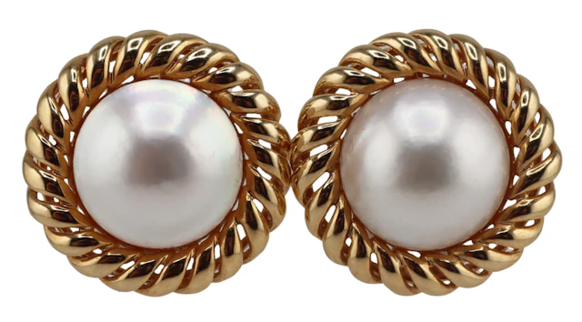 JEWELRY. Pair of Signed 14kt Gold and Mabe Pearl