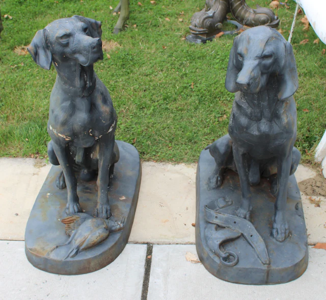 2 Large & Impressive Patinated Metal Hunting Dog