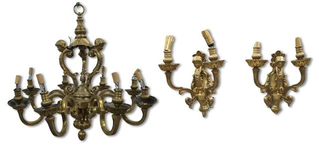 Vintage Gilt Bronze Chandelier and Sconces.