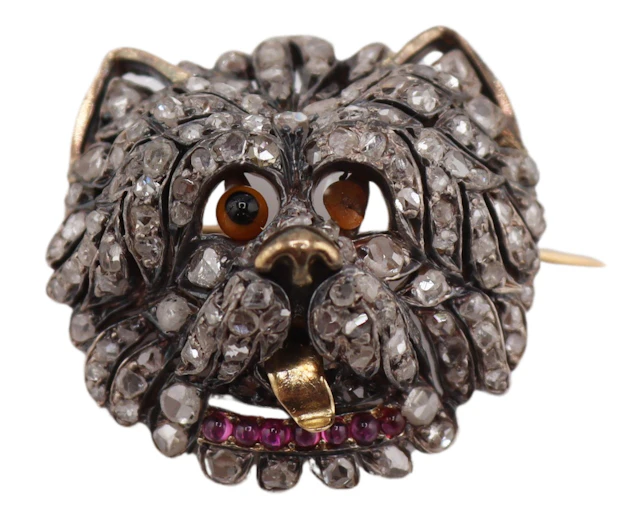 JEWELRY. Antique Silver Topped Gold & Diamond Dog