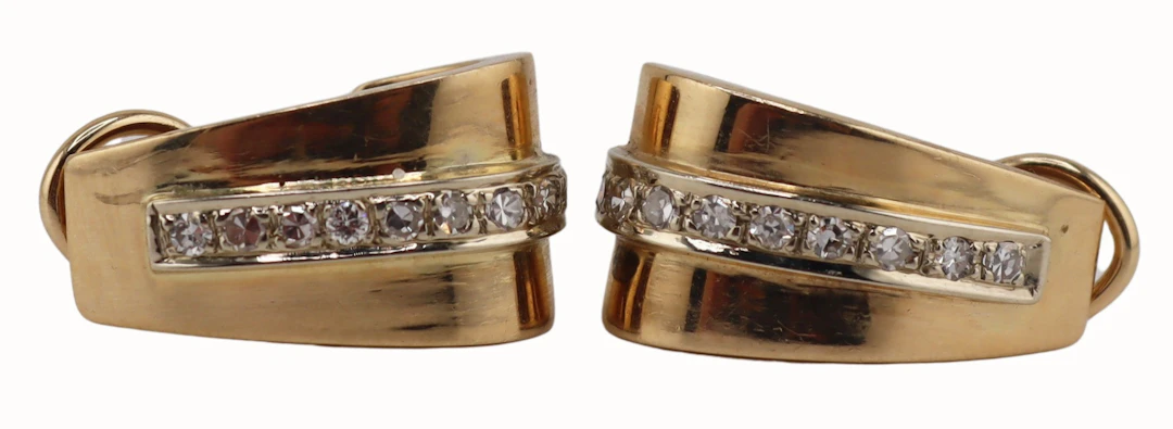 JEWELRY. Pair of 14kt Gold and Diamond Hoop