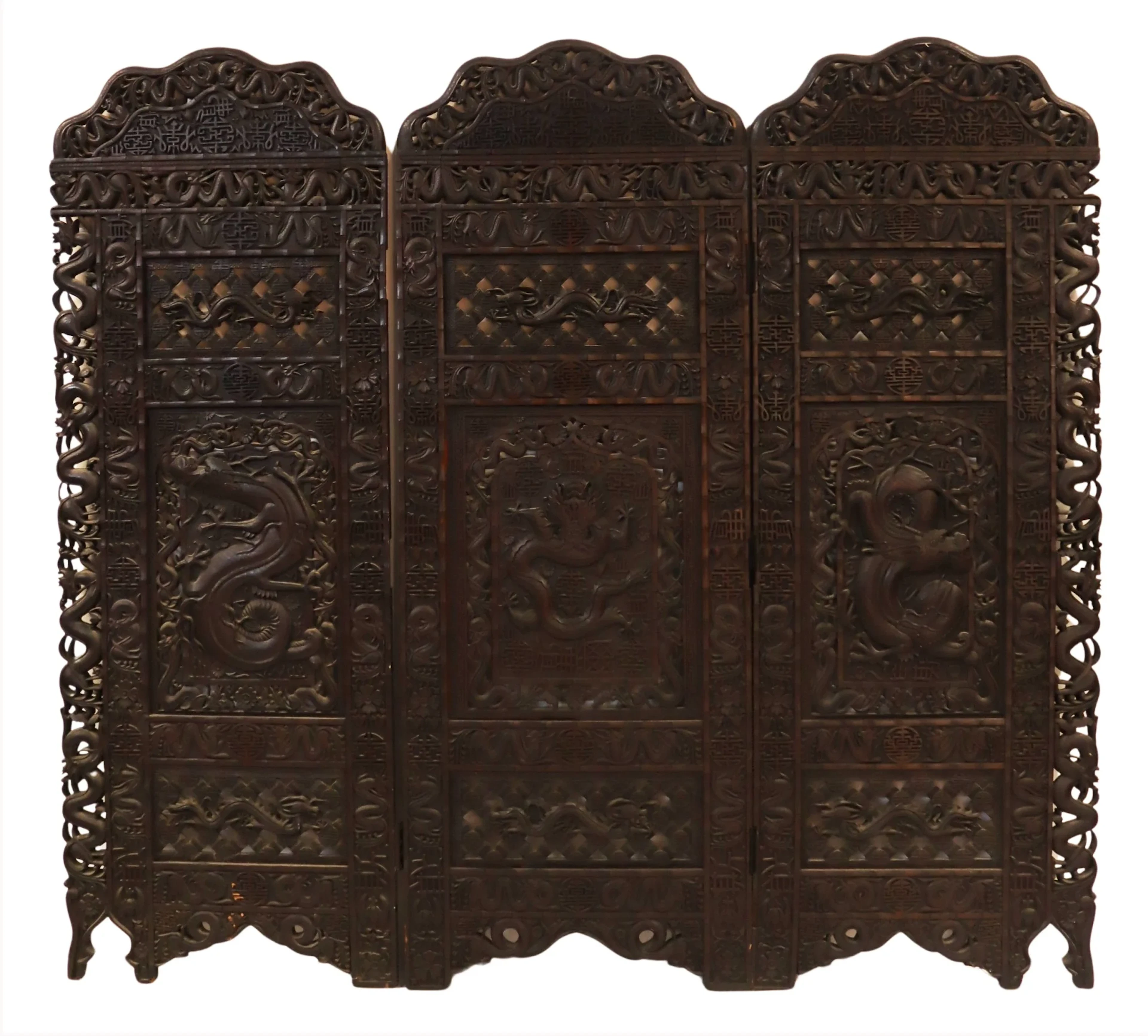 Highly Carved Chinese Three Panel Floor Screen.