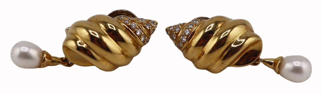 JEWELRY. Pair of Chanel 18kt Gold Diamond & Pearl