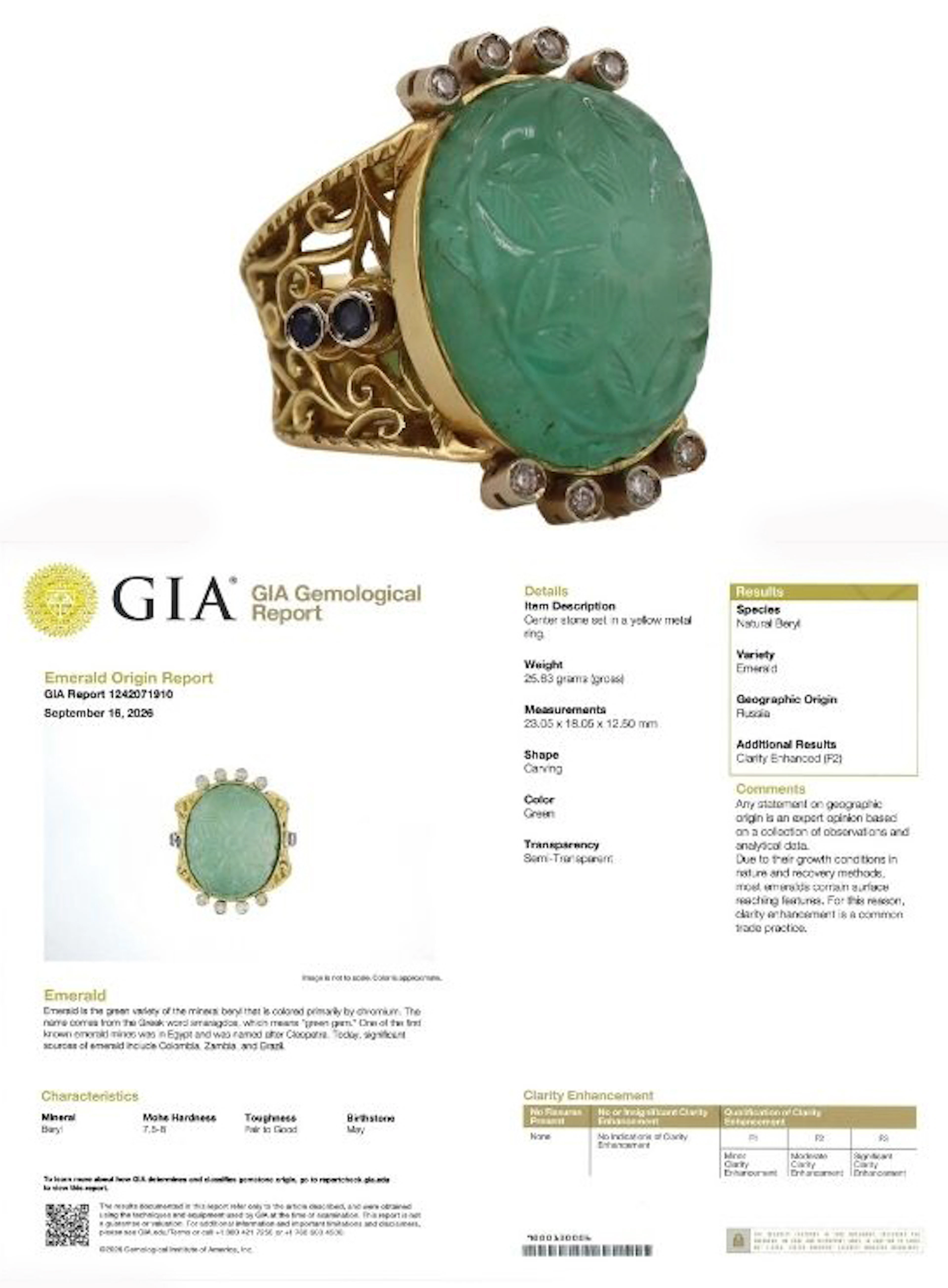 JEWELRY. GIA Natural Russian Carved Emerald