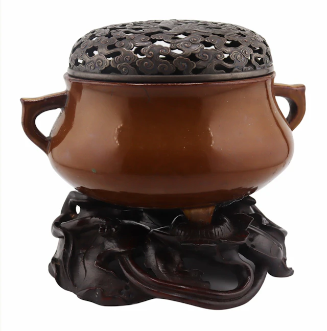 Chinese Cafe Au Lait Tripod Censer.
