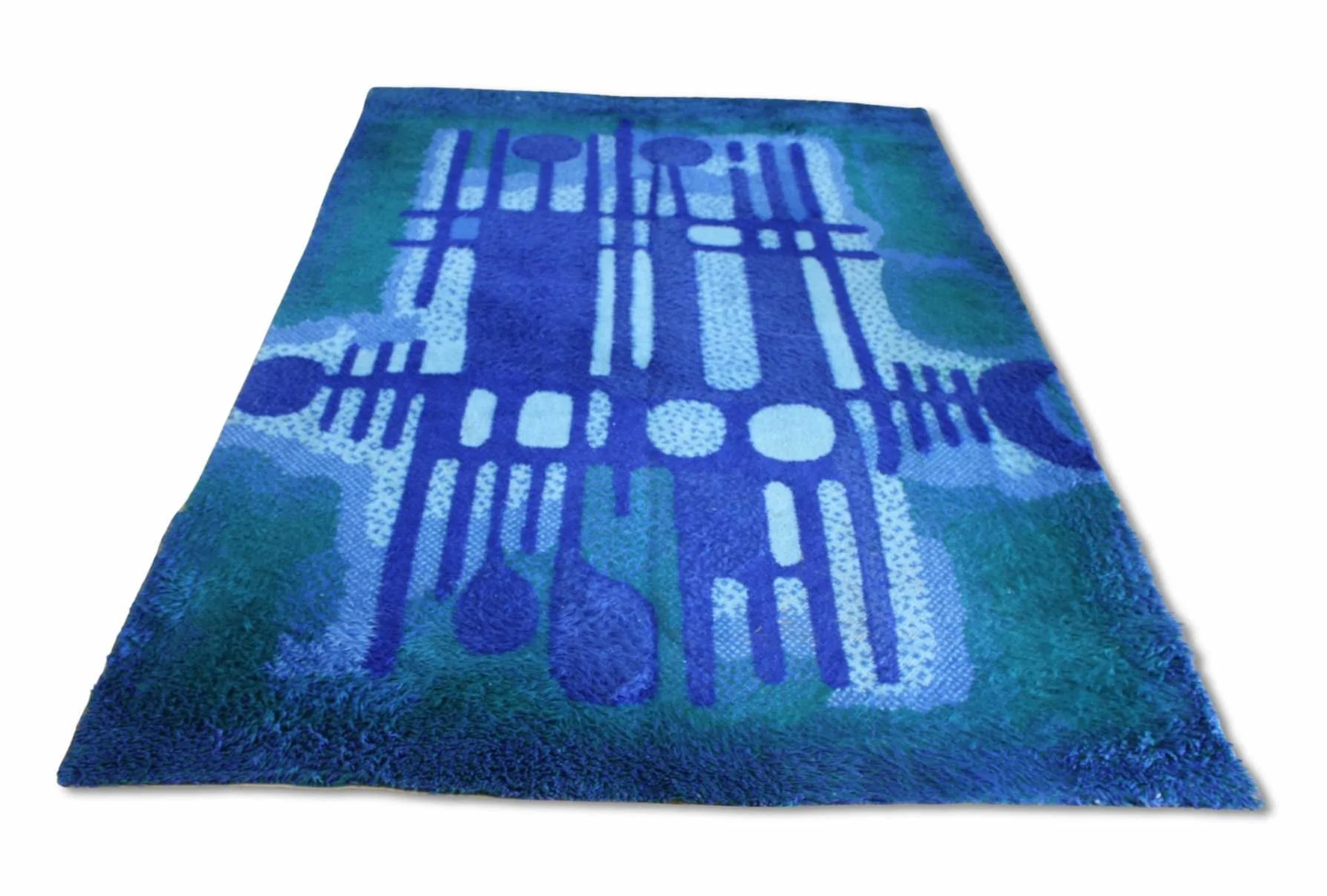 Midcentury Overall Blue Abstract Shag Carpet.