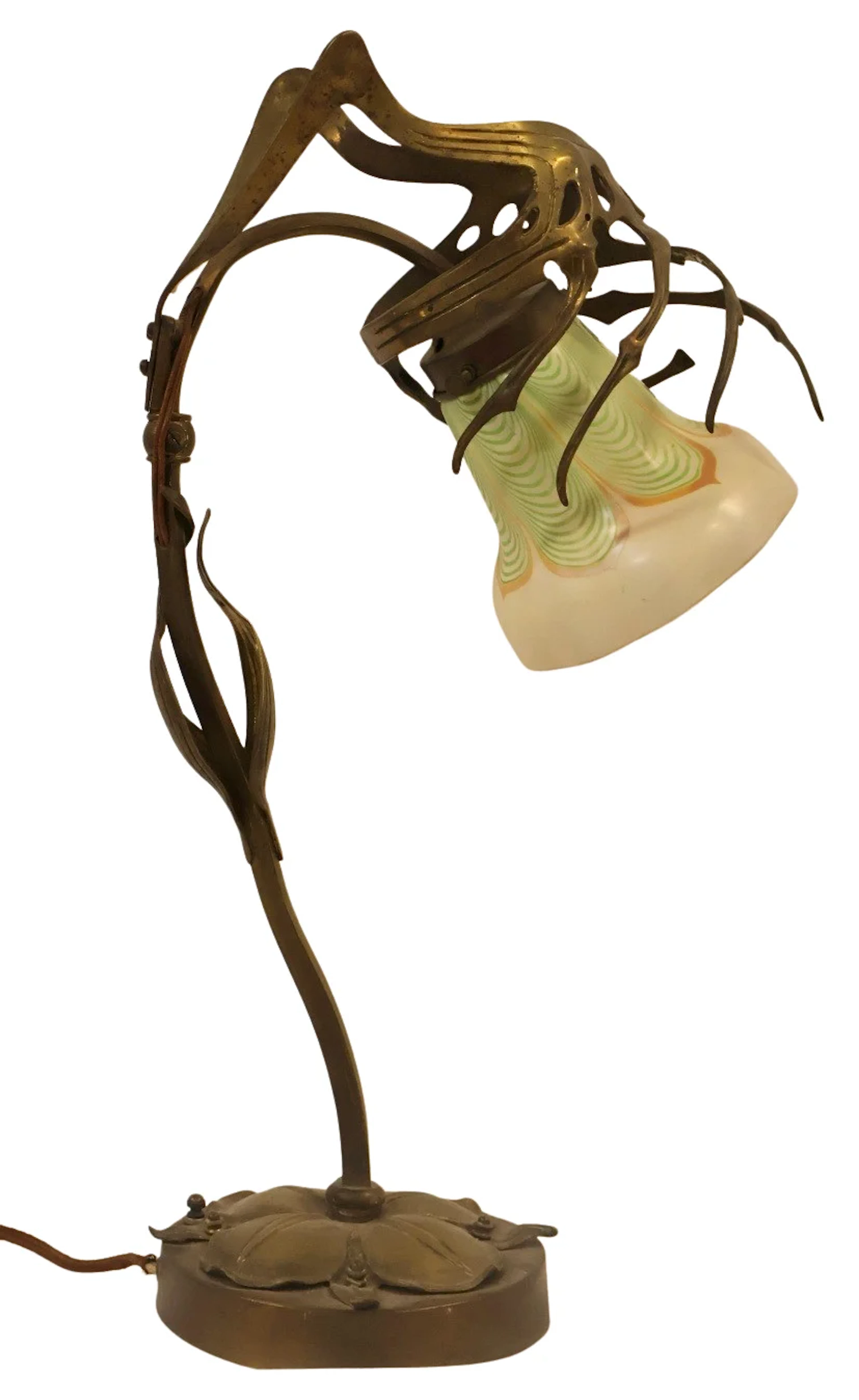 Art Nouveau Gilt Metal Table Lamp & Favrile Shade.