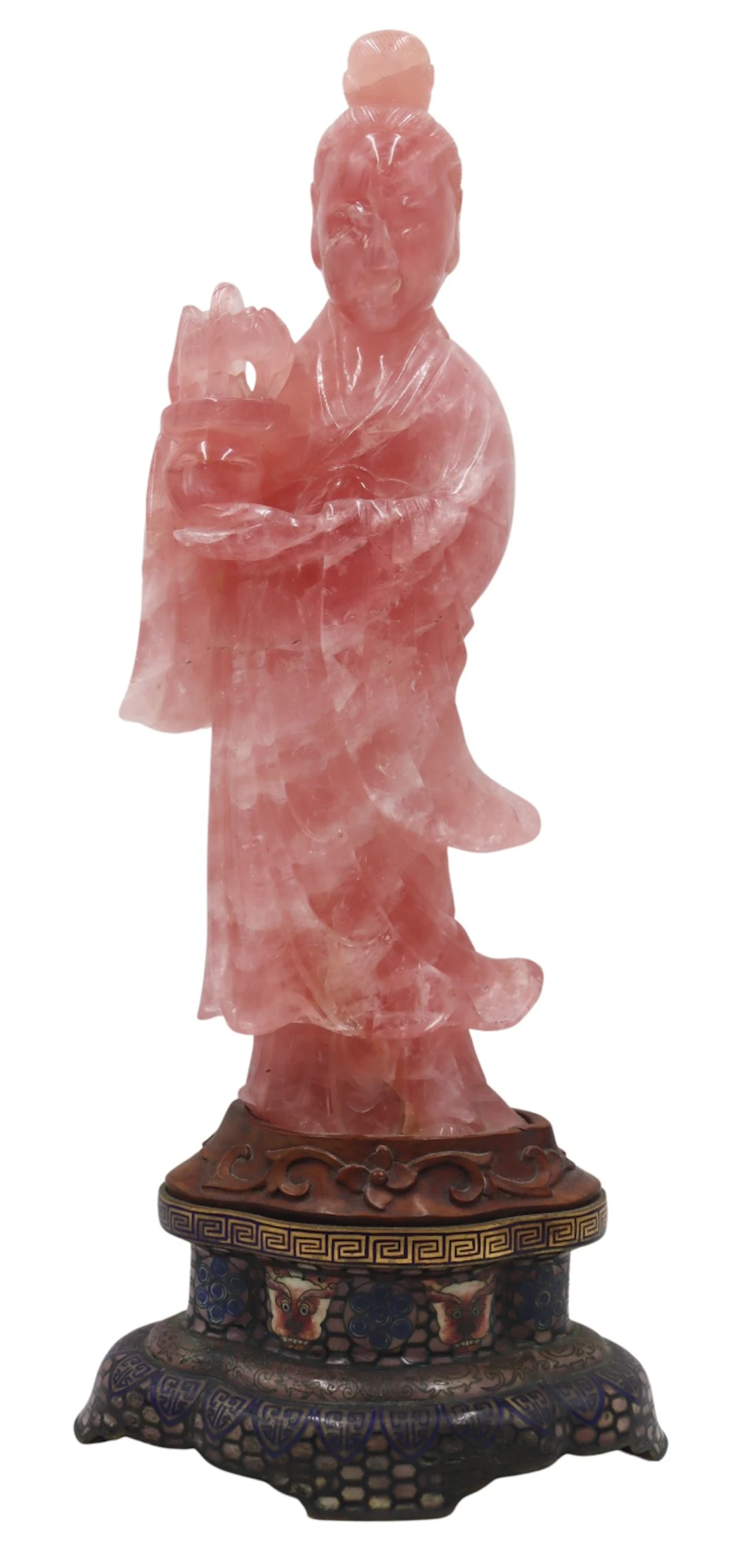 Chinese Carved Rose Quartz Quan Yin on Stand.